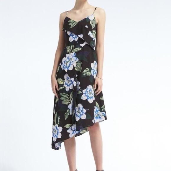 BANANA REPUBLIC SIZE 10P BLACK FLORAL STRAPPY ASYMMETRICAL HEM MIDI DRESS - Picture 1 of 11